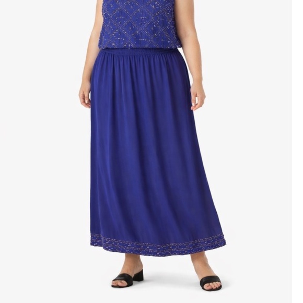 Gunit Fashions Royal Blue Beaded Hem Midi Skirt 22W Elastic Waist Glam 82-32